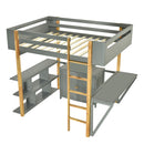 Full Size Wood Loft Bed With Built-in Storage Cabinet and Cubes, Foldable desk, Gray