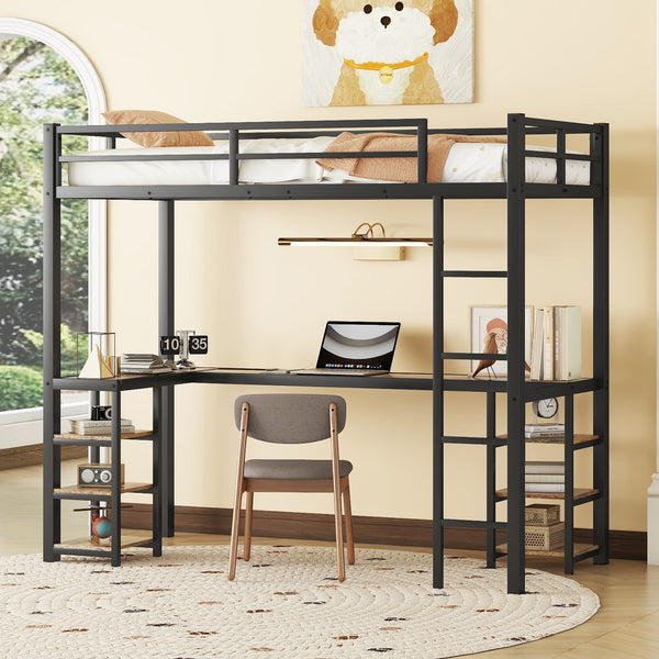 Twin XL Metal Loft Bed with Desk and Shelves, Loft Bed with Ladder and Guardrails, Loft Bed Frame for Bedroom, Black