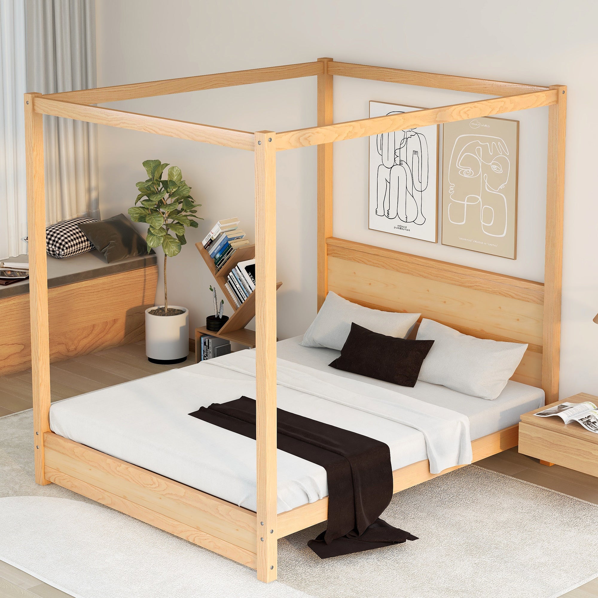 Queen Size Canopy Platform Bed with Headboard and Support Legs,Natural - Atlantic Fine Furniture Melbourne FL