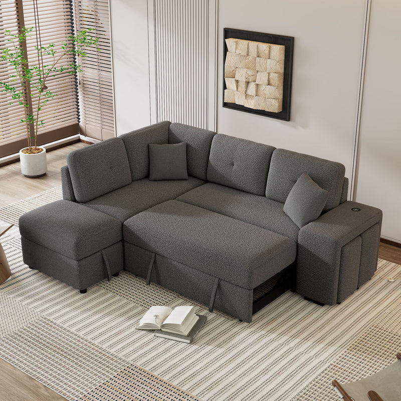 Convertible Sleeper, Sectional Pull Out Sofa Bed With Storage Ottoman, 2 Throw Pillows, 2 Stools, Wireless Charger And Two Hidden USB Ports For Living Room