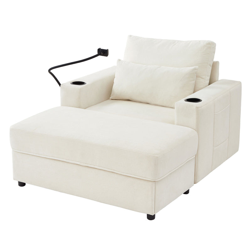 Modern Style Armchair Chaise Lounge Sofa Couch With Movable Storage Ottoman, USB Ports, Cup Holders, Phone Holder, Side Pockets