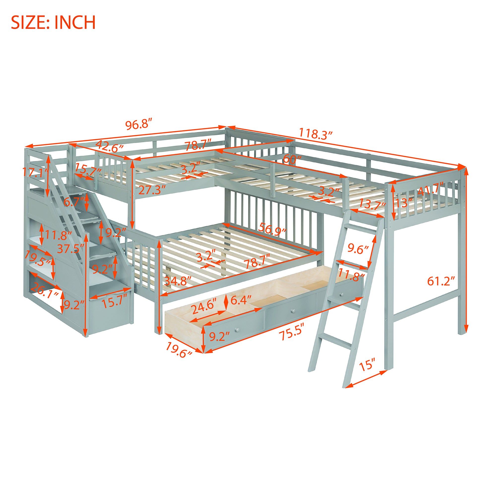 Twin over Full L-Shaped Bunk Bed With 3 Drawers, Ladder and Staircase - Gray - Atlantic Fine Furniture Melbourne FL