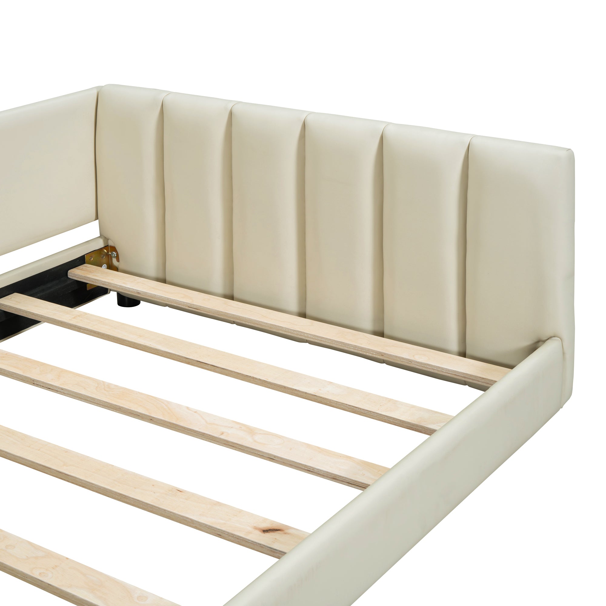 Queen Size & Twin XL Size Upholstered Platform Bed, Mother & Child Bed, PU Leather, Beige - Atlantic Fine Furniture Melbourne FL