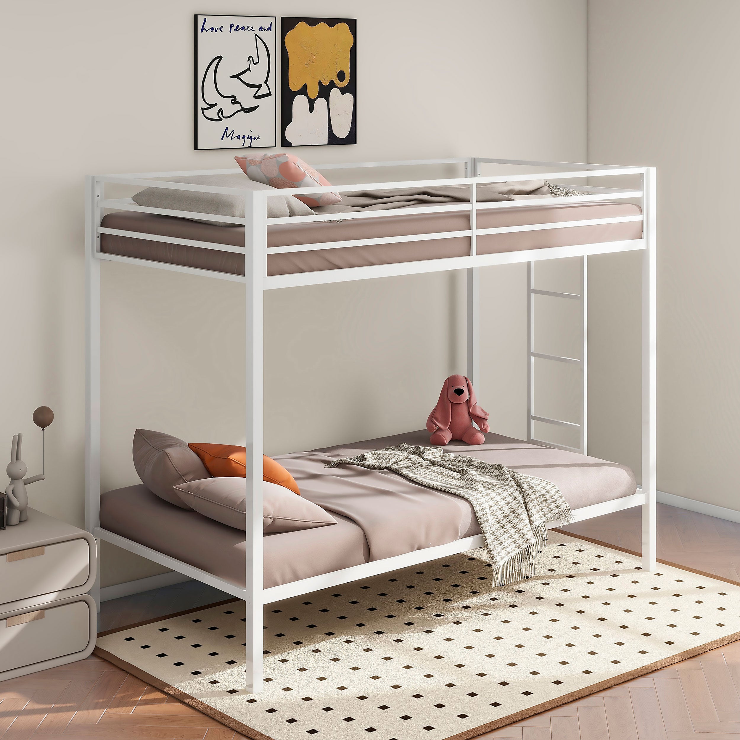 Alevera Metal Twin Over Twin Bunk Bed with Ladder White — view 2
