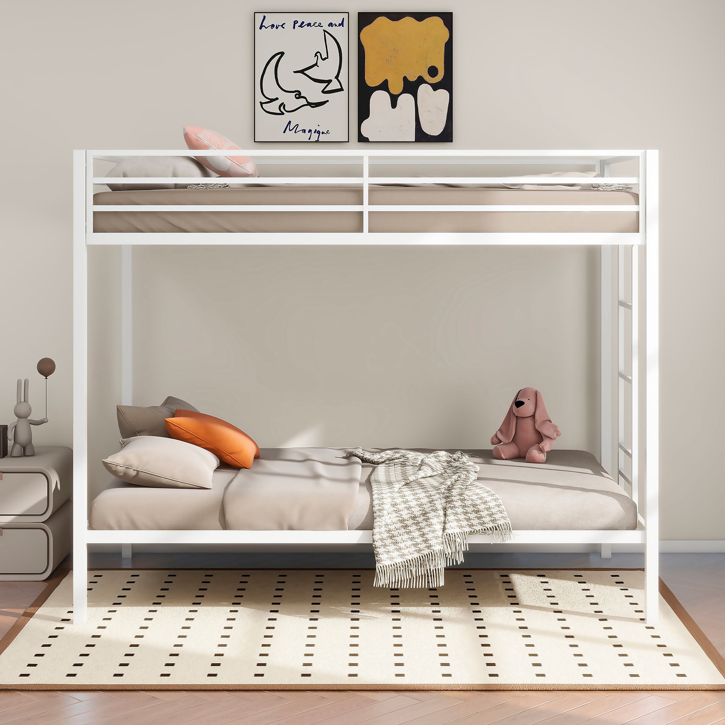 Alevera Metal Twin Over Twin Bunk Bed with Ladder White — view 3