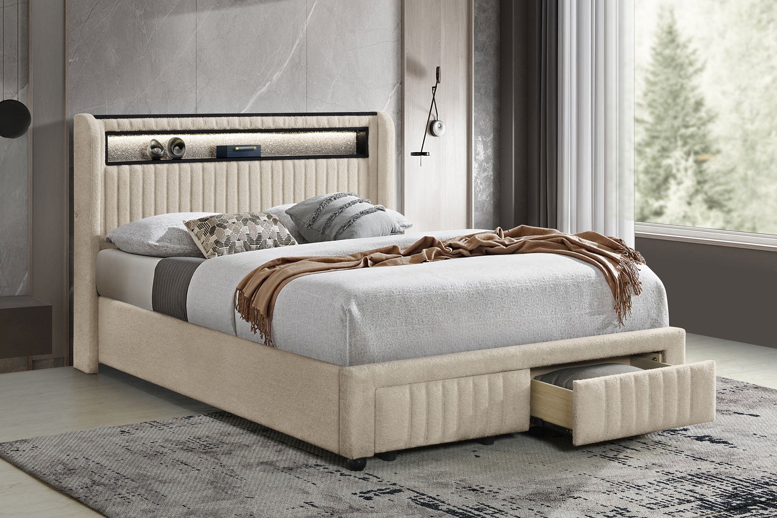 Madison Upholstered LED Full Storage Platform Bed Cream — view 2