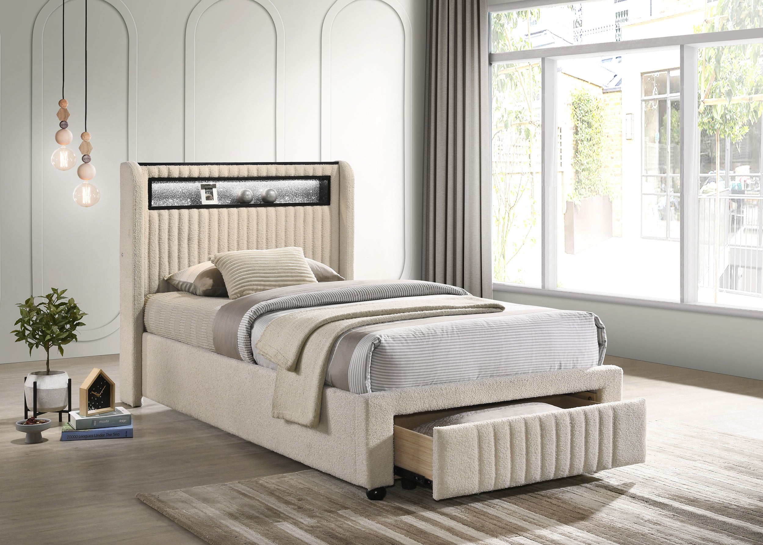 Madison Upholstered LED Twin Storage Platform Bed Cream — view 2