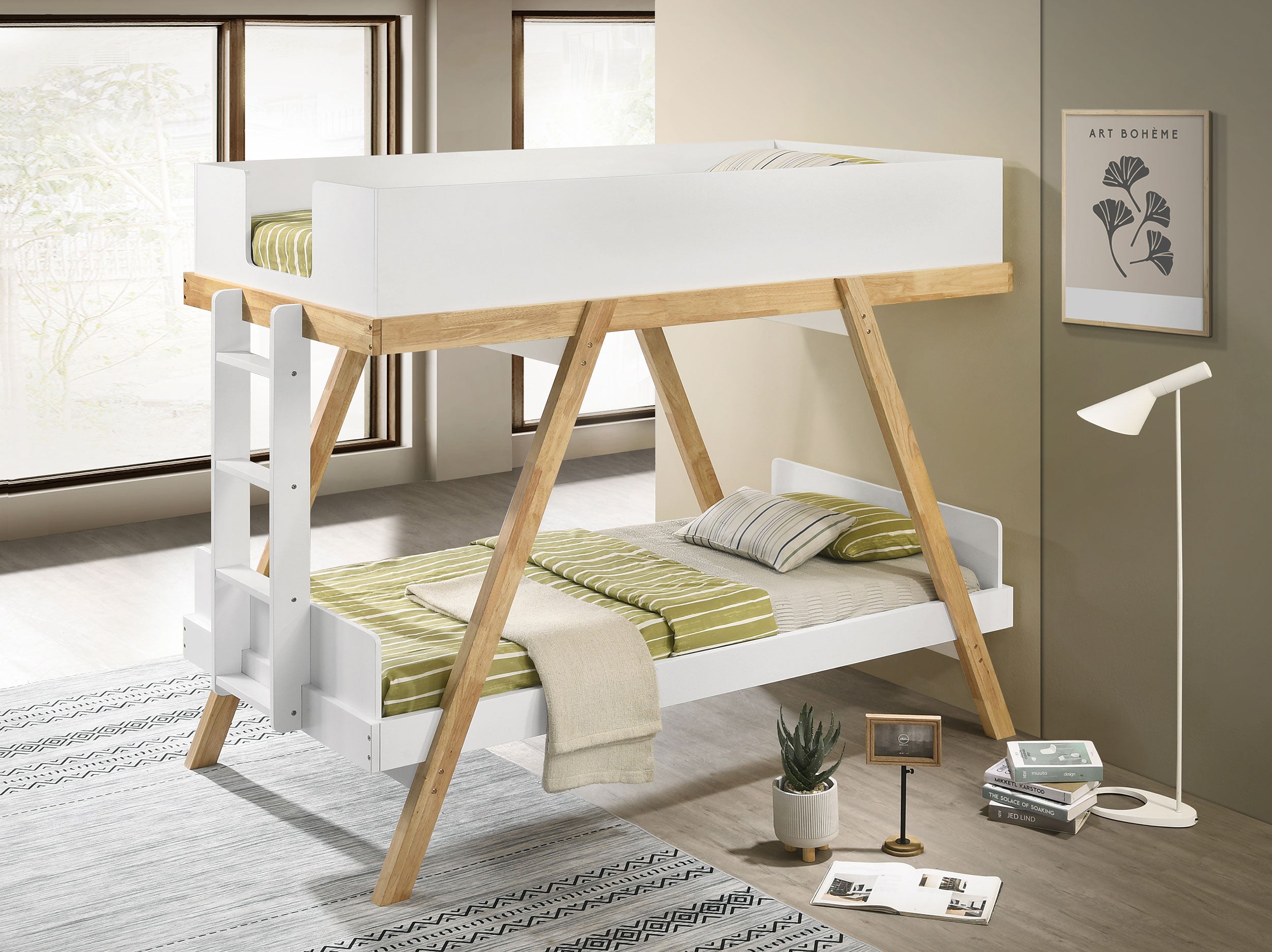 Frankie Wood Twin Over Twin Bunk Bed White and Natural — view 2