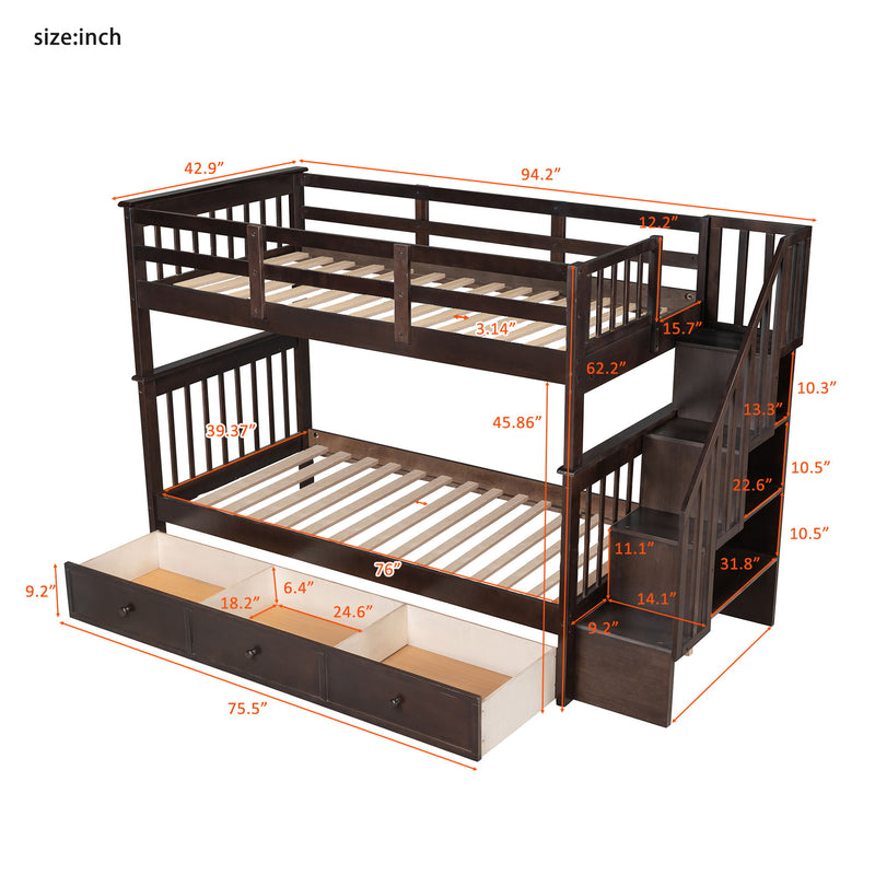 Stairway Twin Over Twin Bunk Bed With Three Drawers For Bedroom, Dorm