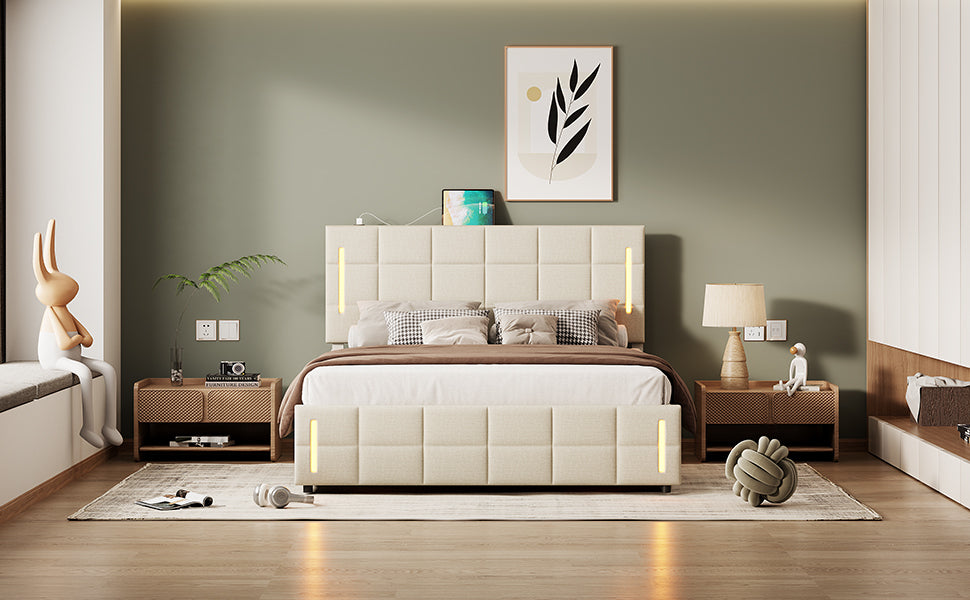 Full Size Upholstered Bed with Hydraulic Storage System and LED Light, Beige