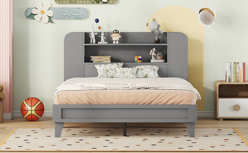 Full Size Platform Bed with Storage Headboard,Multiple Storage Shelves on Both Sides,Grey