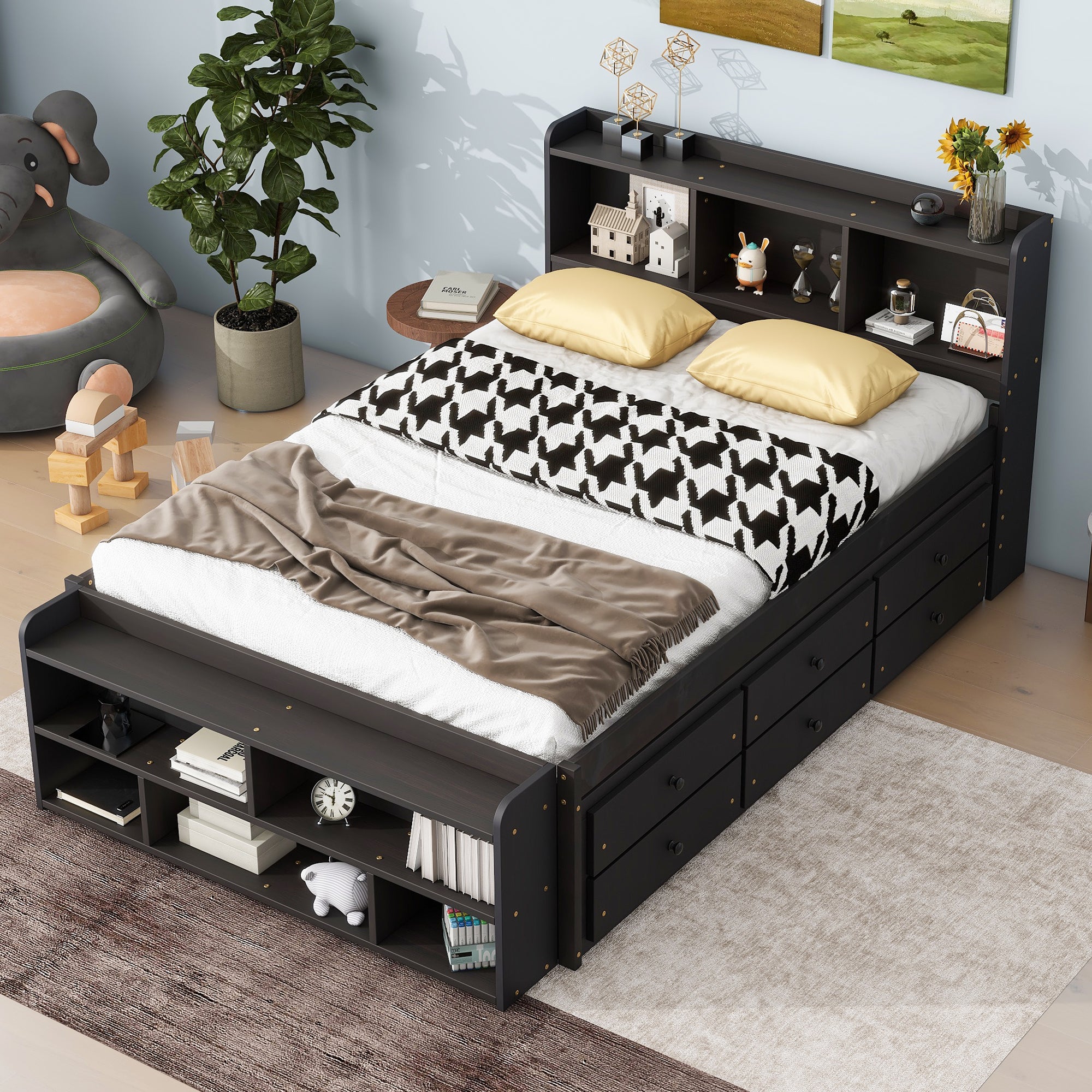 Full Bed with Bookcase Headboard, Under bed Storage Drawers and Bed End Storage Case,Espresso