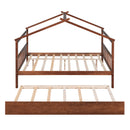 Full Size Wooden House Bed with Twin Size Trundle, Walnut