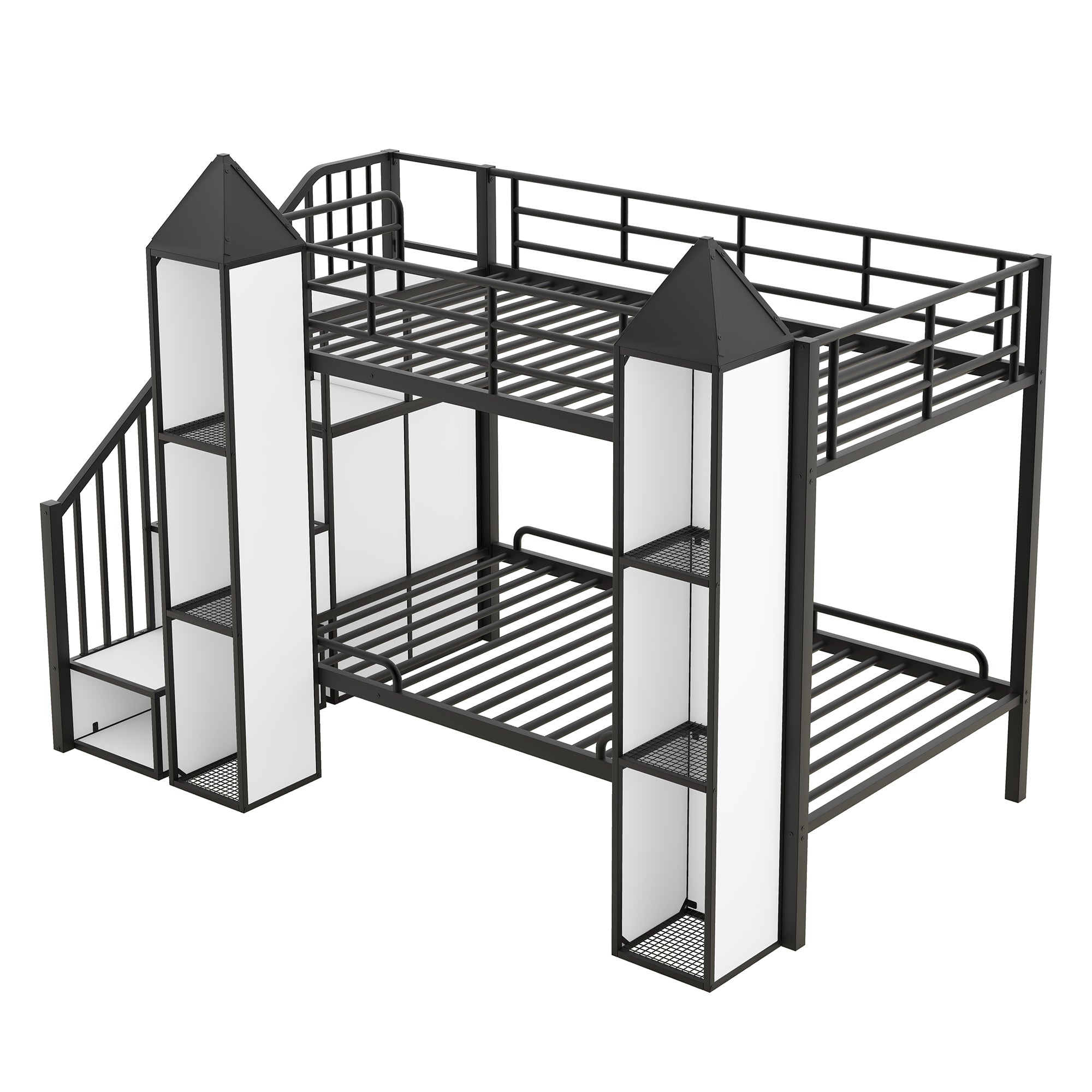 Metal Twin over Twin Castle-shaped Bunk Bed with Wardrobe and Multiple Storage, Black+White - Atlantic Fine Furniture Melbourne FL
