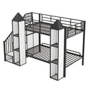 Metal Twin over Twin Castle-shaped Bunk Bed with Wardrobe and Multiple Storage, Black+White