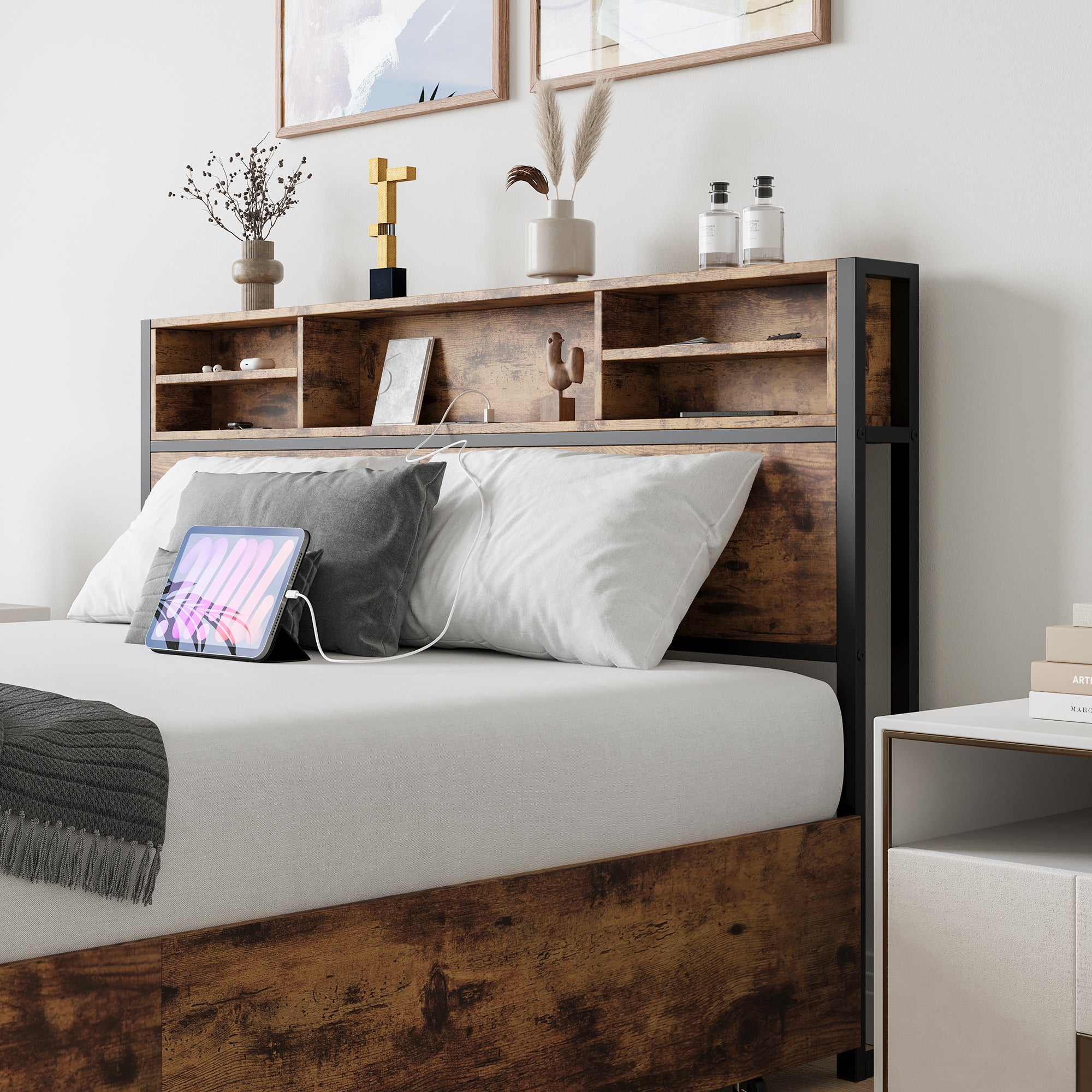 Queen Bed Frame with  Storage Headboard and 4 Drawers - Atlantic Fine Furniture Melbourne FL