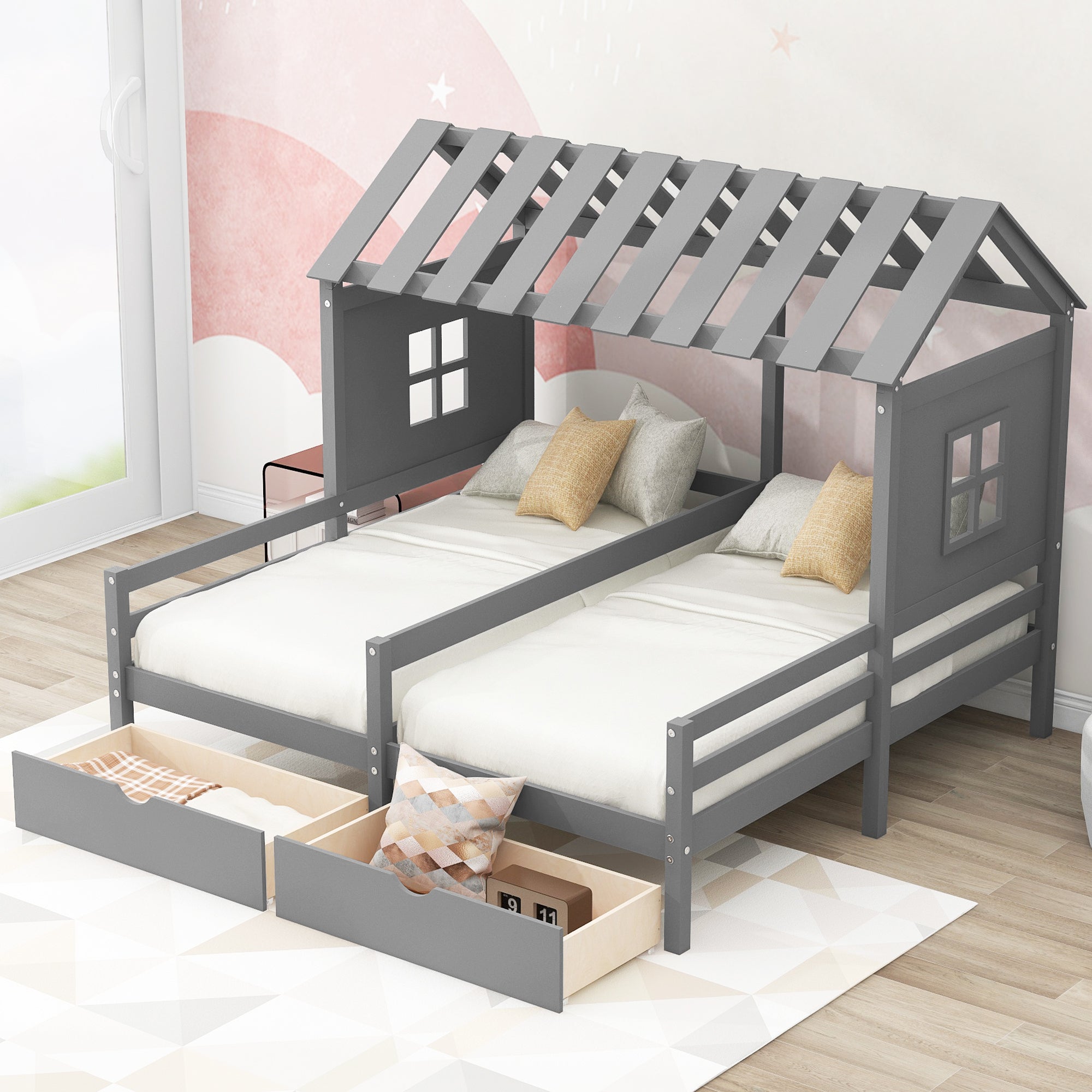 Twin Size House Platform Beds with Two Drawers for Boy and Girl Shared Beds, Combination of 2 Side by Side Twin Size Beds, Gray(old sku: GX000927AAE) - Atlantic Fine Furniture Melbourne FL
