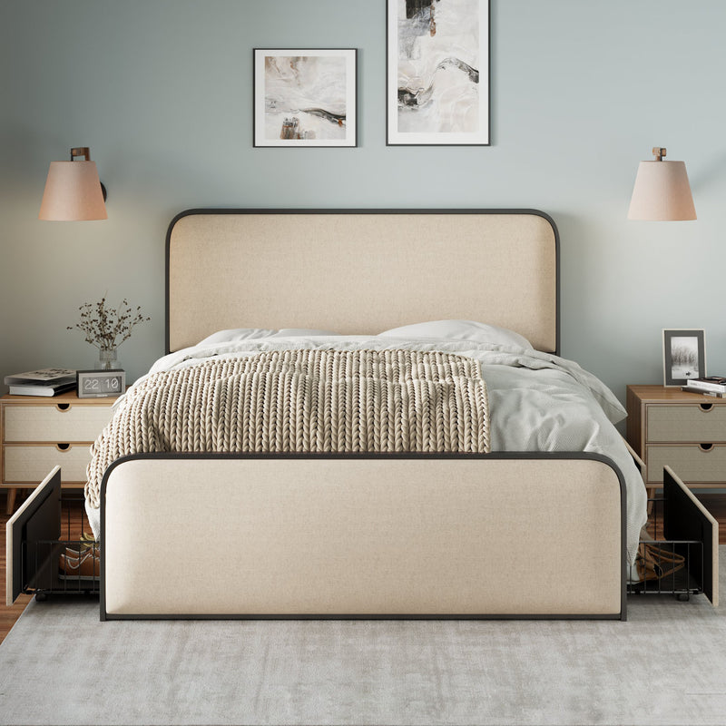 Modern Metal Bed Frame with Curved Upholstered Headboard and Footboard Bed with 4 Storage Drawers, Heavy Duty Metal Slats, Full Size, Beige