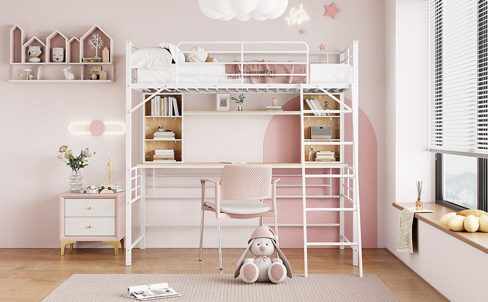 Twin Size Loft Bed with Desk and Shelf , Loft Bed with Ladder,Twin,White - Atlantic Fine Furniture Melbourne FL