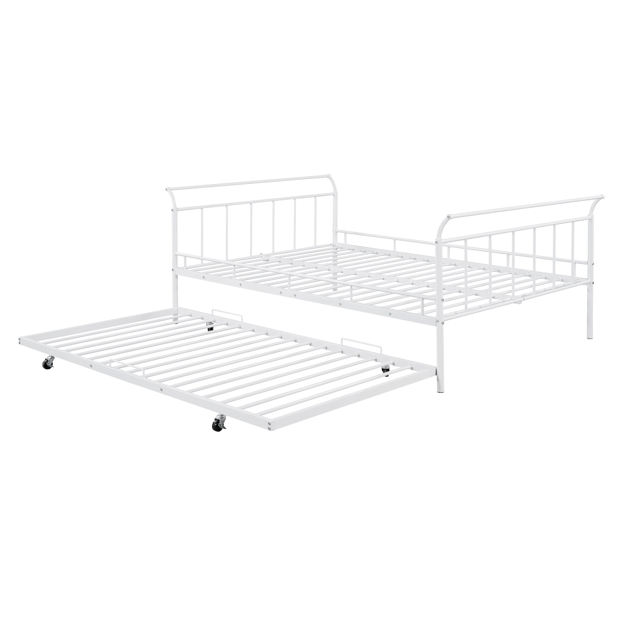 Full Size Metal Daybed with Curved Handle Design and Twin Size Trundle, White - Atlantic Fine Furniture Melbourne FL