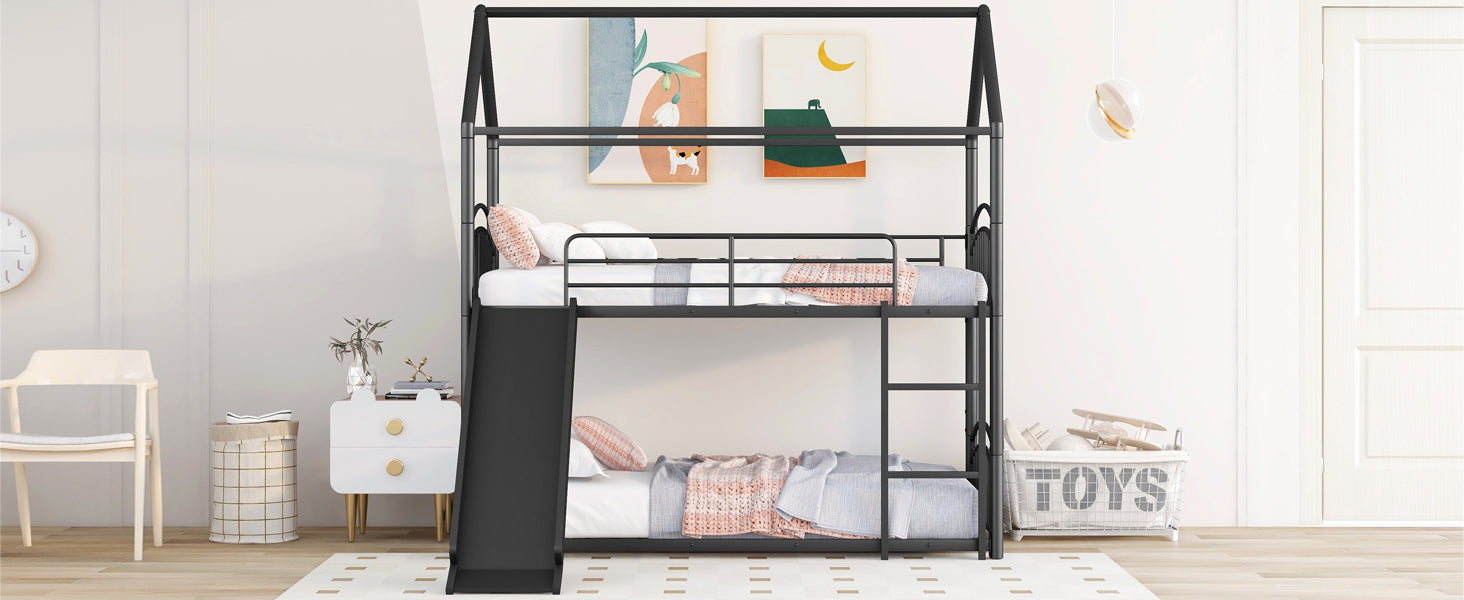 Twin Over Twin Metal Bunk Bed With Slide,Kids House Bed Black - Atlantic Fine Furniture Melbourne FL
