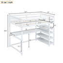 Twin Size Loft Bed with Storage Shelves and Under-bed Desk, White