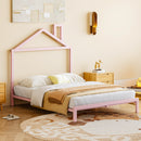 Full Size Metal Platform Bed with House-Shaped Headboard Design, Pink