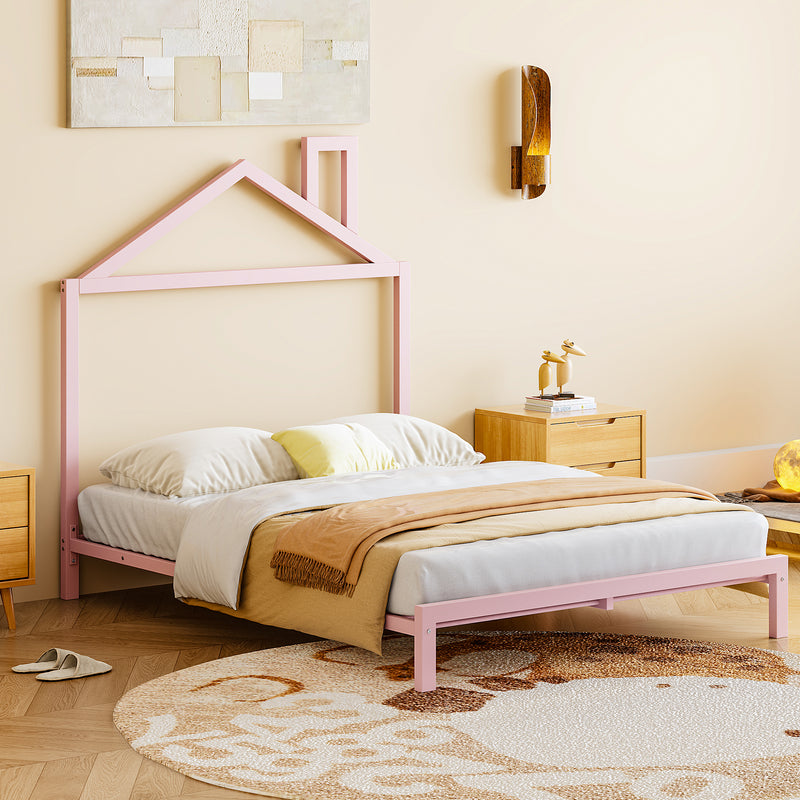 Full Size Metal Platform Bed with House-Shaped Headboard Design, Pink