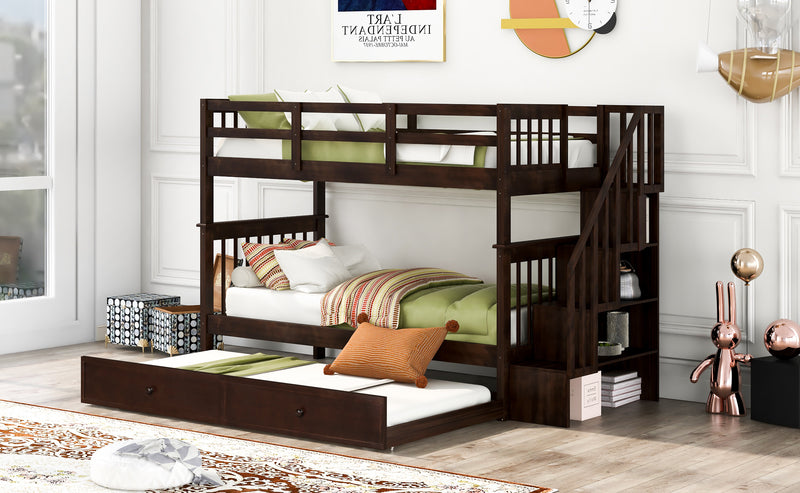 Stairway Twin-Over-Twin Bunk Bed with Twin size Trundle for Bedroom, Dorm, Adults, Espresso( old sku: LP000209AAP )