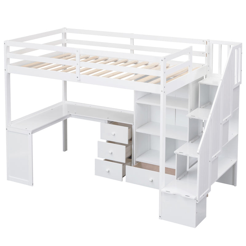 Twin Size Loft Bed with L-Shaped Desk and Drawers, Cabinet and Storage Staircase, White