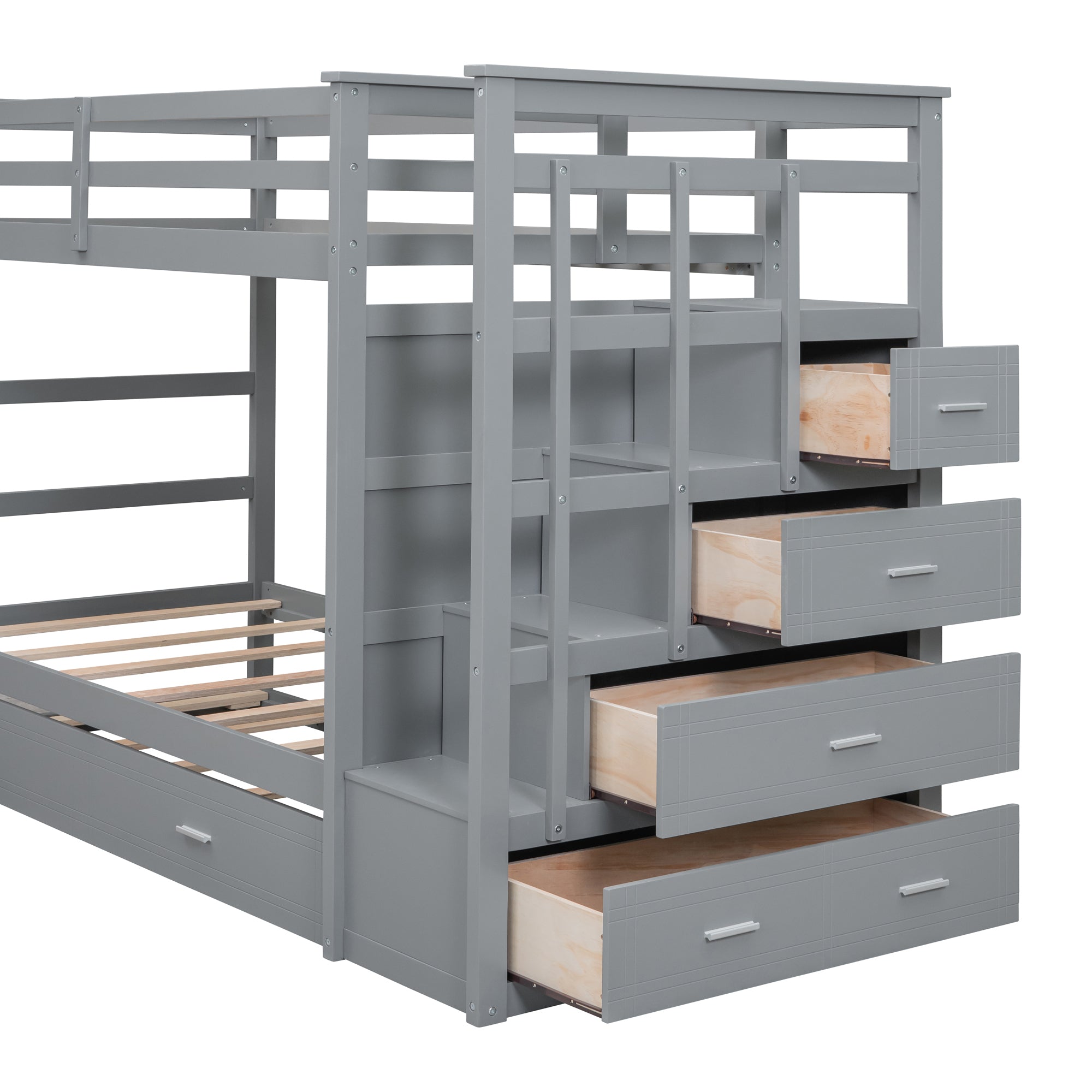 Twin Over Twin Bunk Bed with Trundle and Staircase,Gray(OLD SKU:LT000068AAE) - Atlantic Fine Furniture Melbourne FL