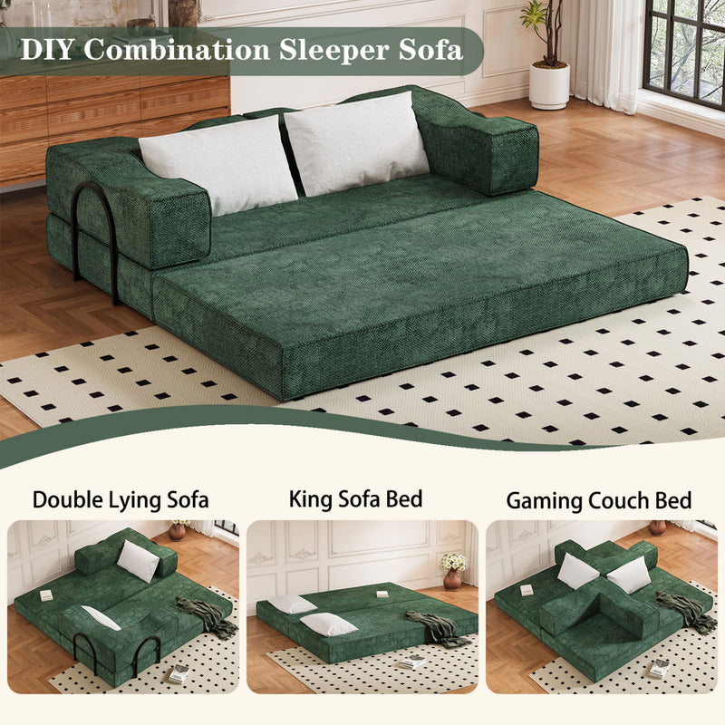Convertible Couch Bed With 2 Pillows, 3 Seat Folding Floor Couch & King Size Bed Mattress, Diy Combination - Green