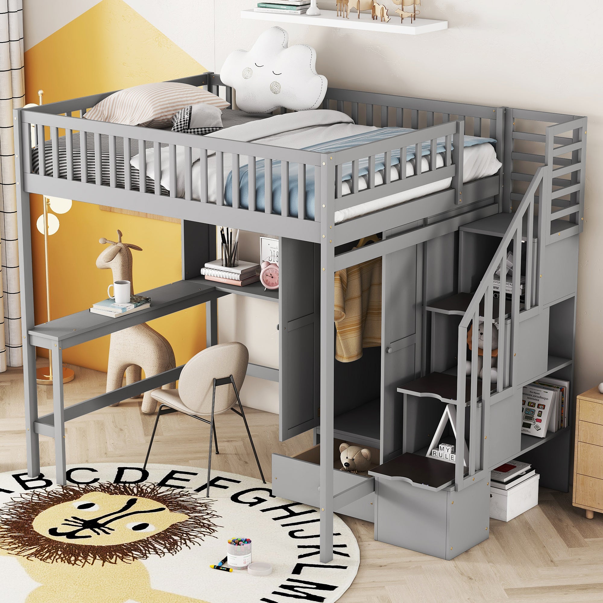 Full size Loft Bed with Bookshelf,Drawers,Desk,and Wardrobe-Gray - Atlantic Fine Furniture Melbourne FL