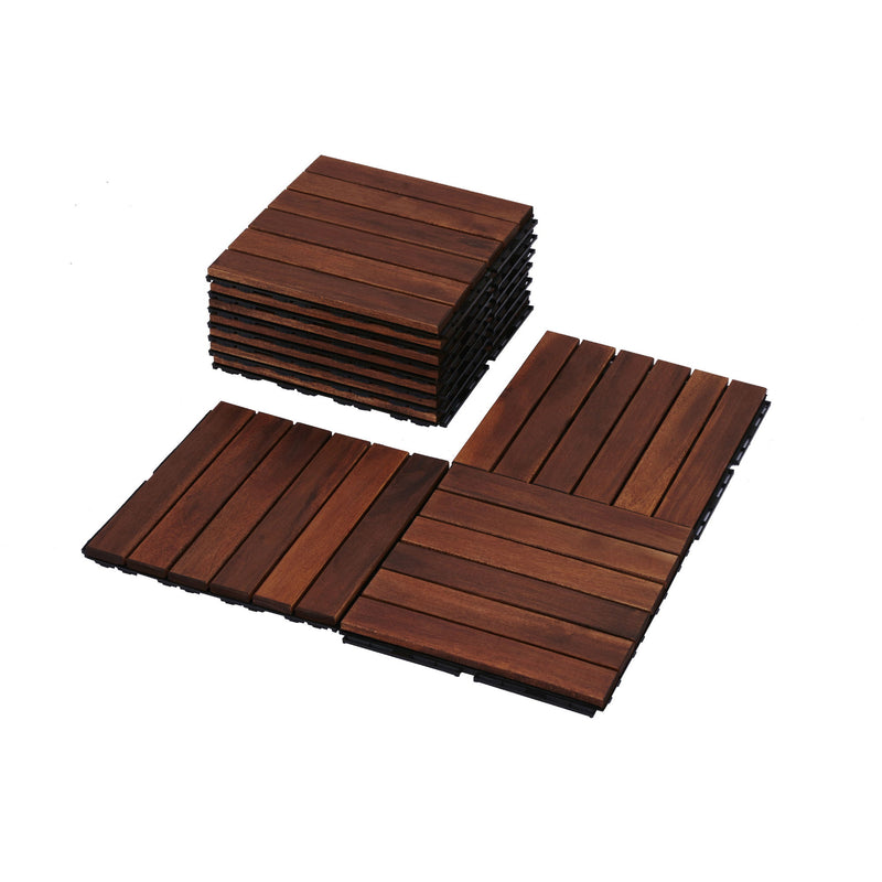 Interlocking Deck Tiles Striped Pattern, Square Acacia Hardwood Outdoor Flooring For Patio, Bancony, Pool Side