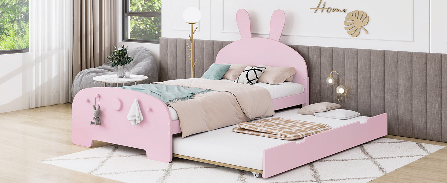 Wood Twin Size Platform Bed with Cartoon Ears Shaped Headboard and Trundle, Pink - Atlantic Fine Furniture Melbourne FL