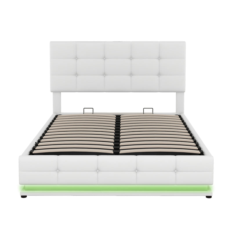 Full Size Tufted Upholstered Platform Bed with Hydraulic Storage System,PU Storage Bed with LED Lights and USB charger, White(Expected Arrival Time: 5.15,AT)