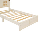 Twin Size Wood Platform Bed with House-shaped Headboard and Built-in LED, Walnut+Milk White
