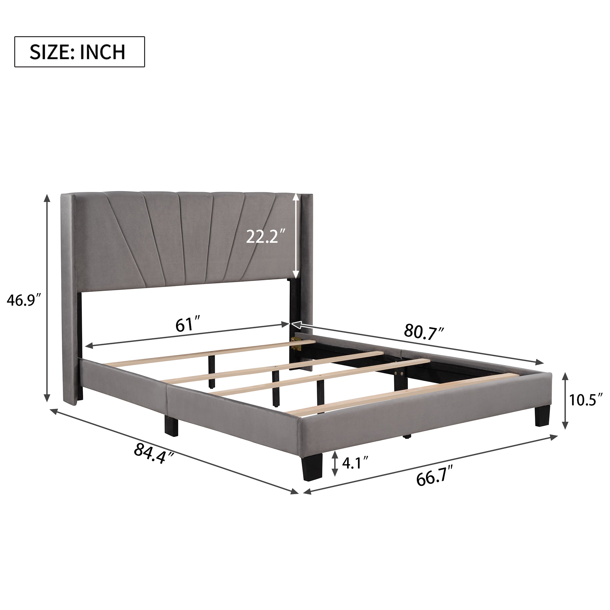 Queen Size Velvet Upholstered Platform Bed, Box Spring Needed - Gray - Atlantic Fine Furniture Melbourne FL