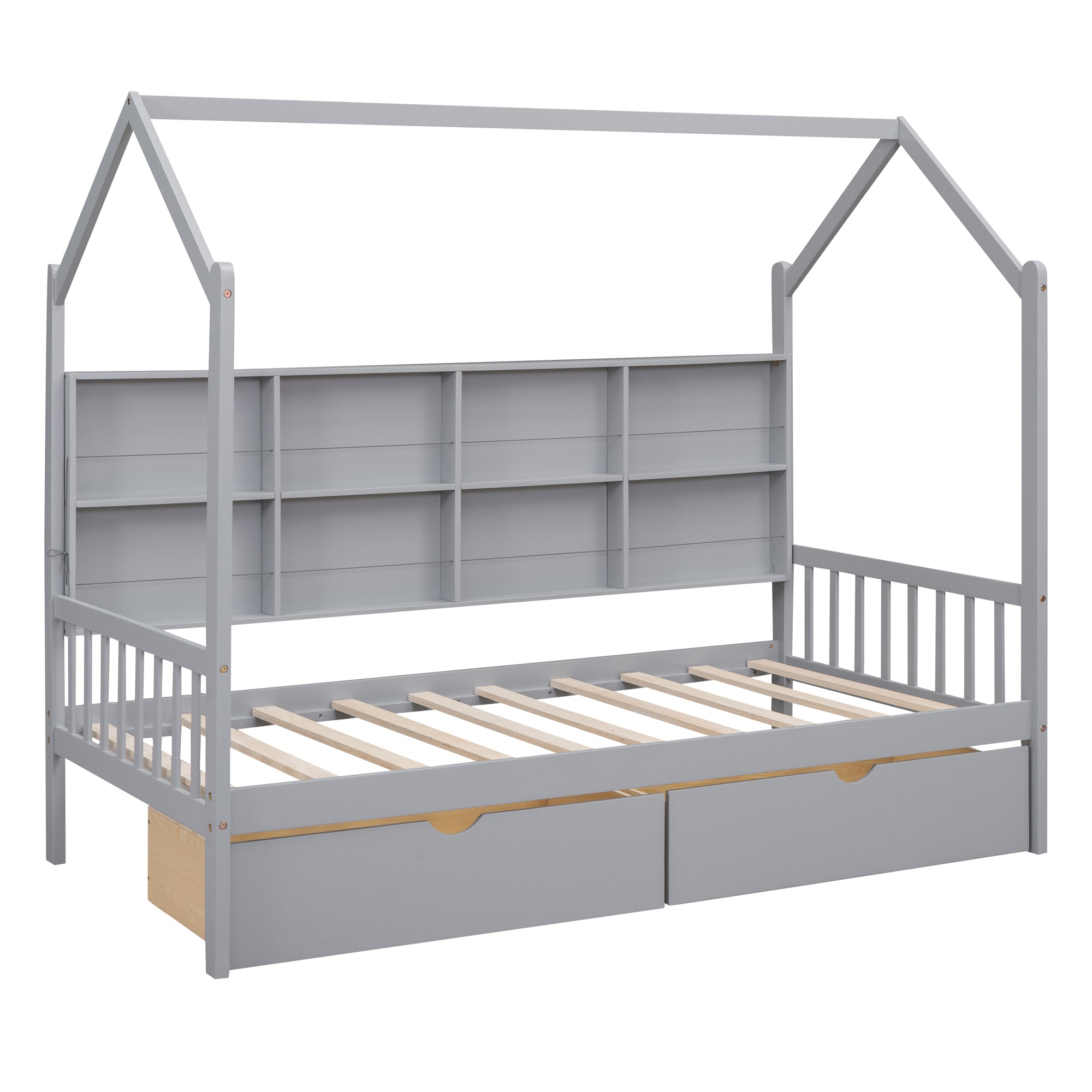 Wooden Twin Size House Bed with 2 Drawers,Kids Bed with Storage Shelf, Gray - Atlantic Fine Furniture Melbourne FL