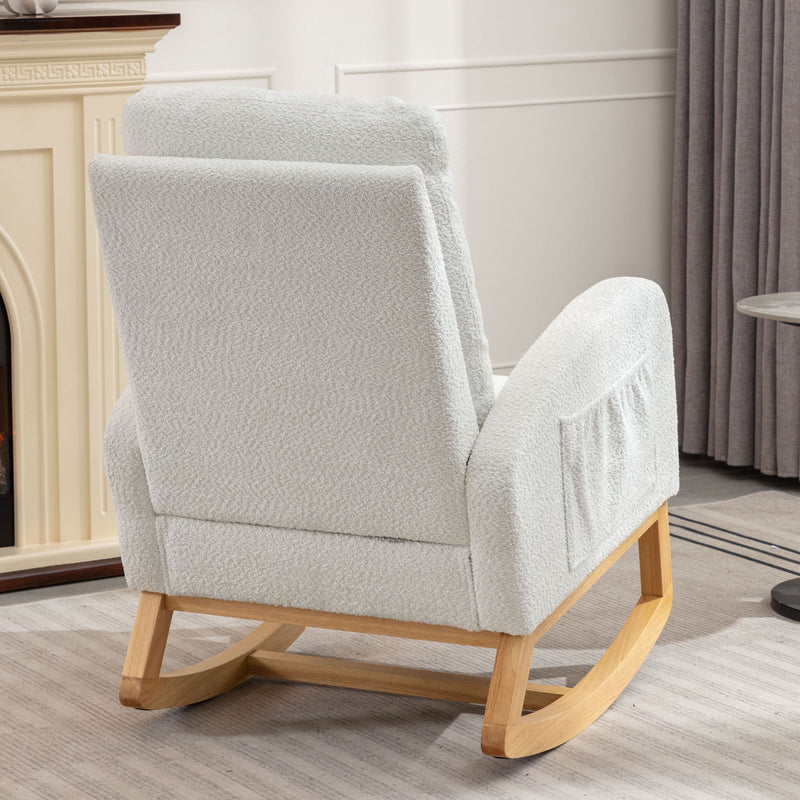 Accent Rocking Chair With Footrest High Back Rubber Wood Rocking Legs Bedroom Living Space - White