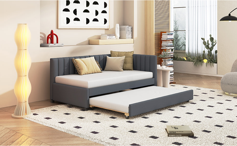 Upholstered Daybed with Trundle Twin Size Sofa Bed Frame No Box Spring Needed, Linen Fabric(Gray) - Atlantic Fine Furniture Melbourne FL