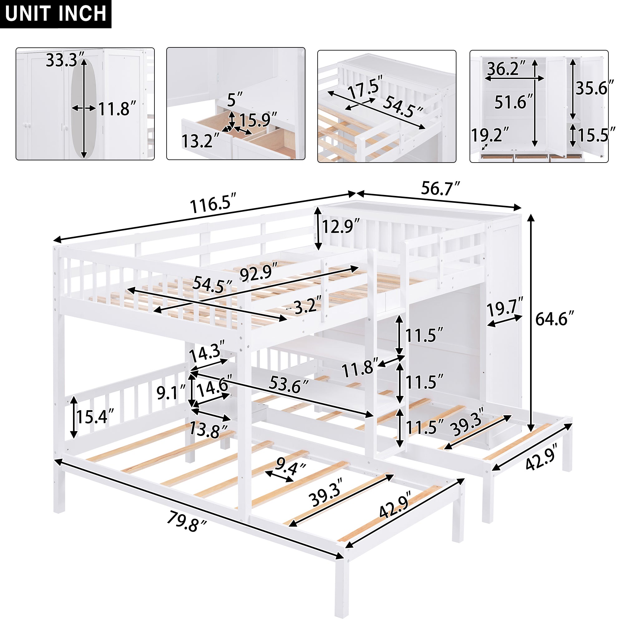 Full-Over-Twin-Twin Bunk Bed with Shelves, Wardrobe and Mirror, White - Atlantic Fine Furniture Melbourne FL