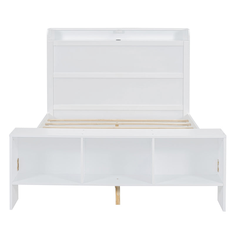 Full Size Platform Bed with built-in shelves, LED Light and USB ports, White