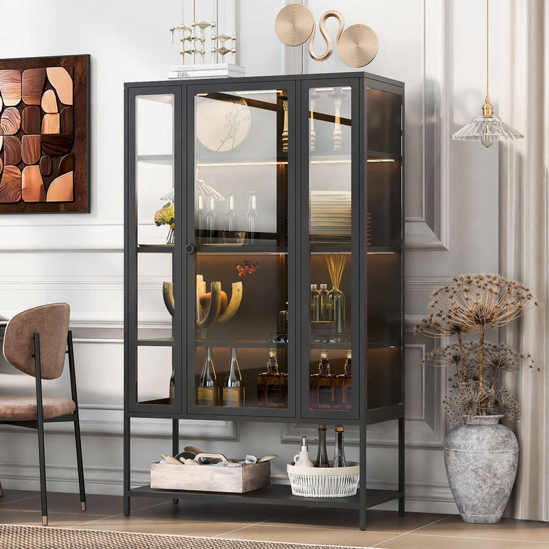 Modern Steel Display Cabinet With LED Lights And Glass Door For Home Or Workspace - Black