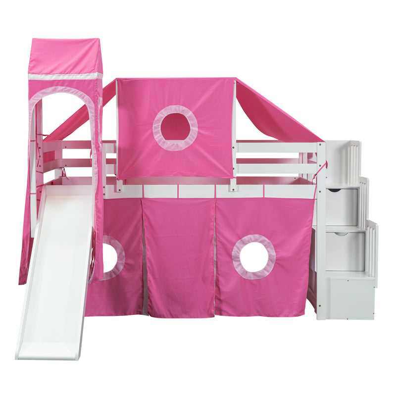 Twin Size Loft Bed with Tent and Tower - Pink