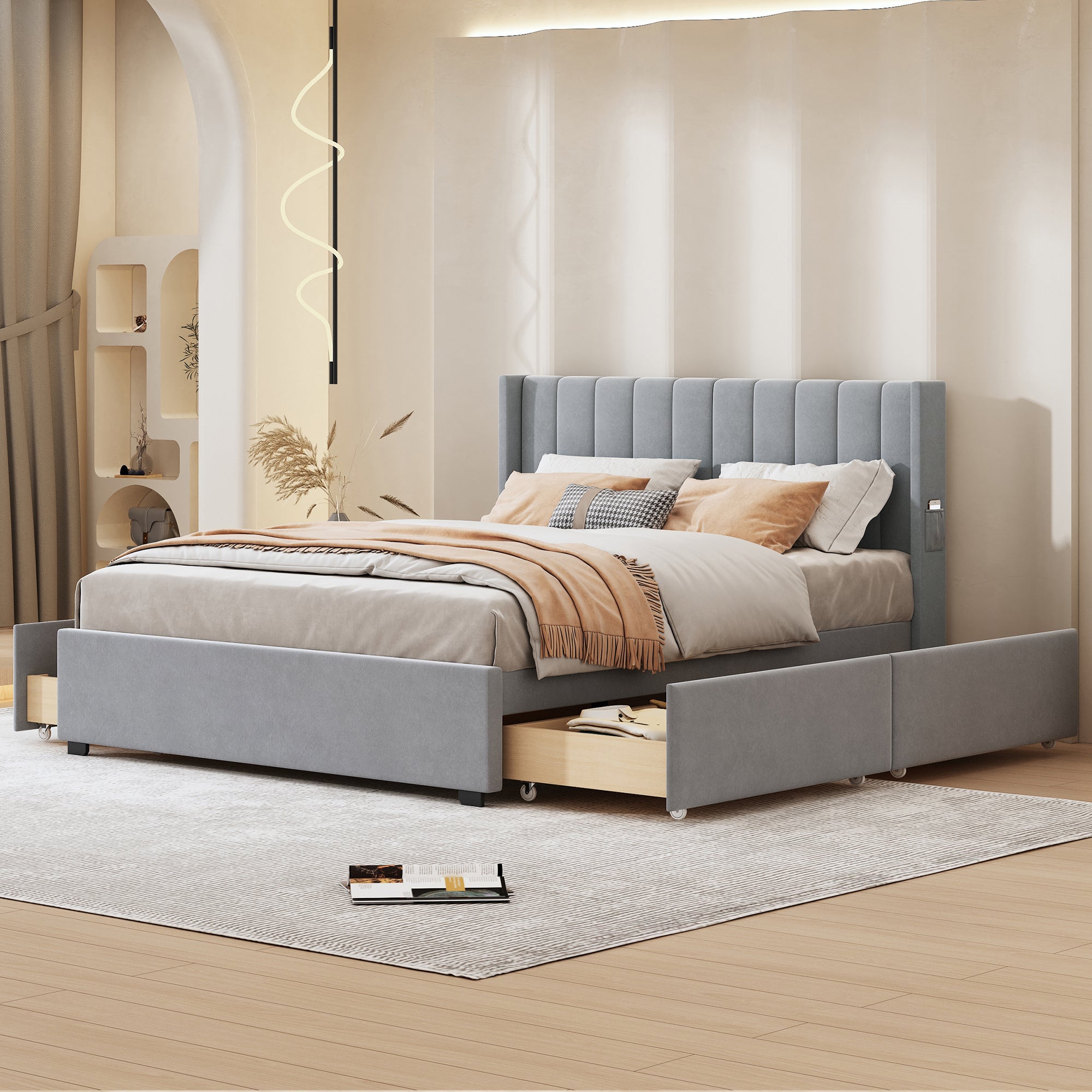 Queen Size Upholstered Bed with 4 Drawers, Gray - Atlantic Fine Furniture Melbourne FL