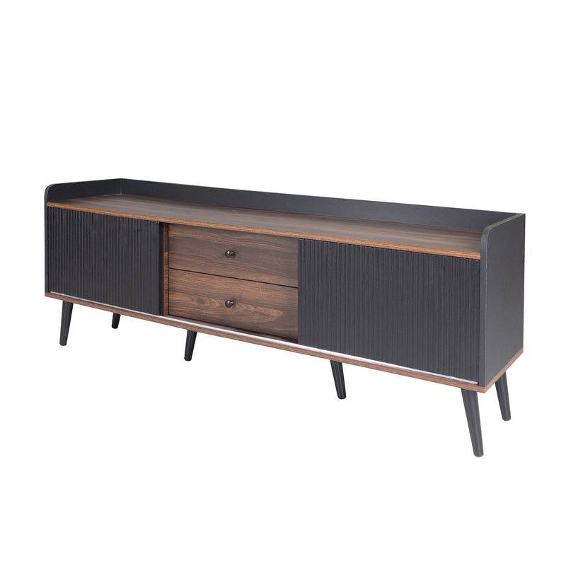 Mid Century TV Stand With 2 Cabinets & Open Compartments, Entertainment Center For Tvs Up To 70'', Television Console For Living Room - Dark Coffee / Black