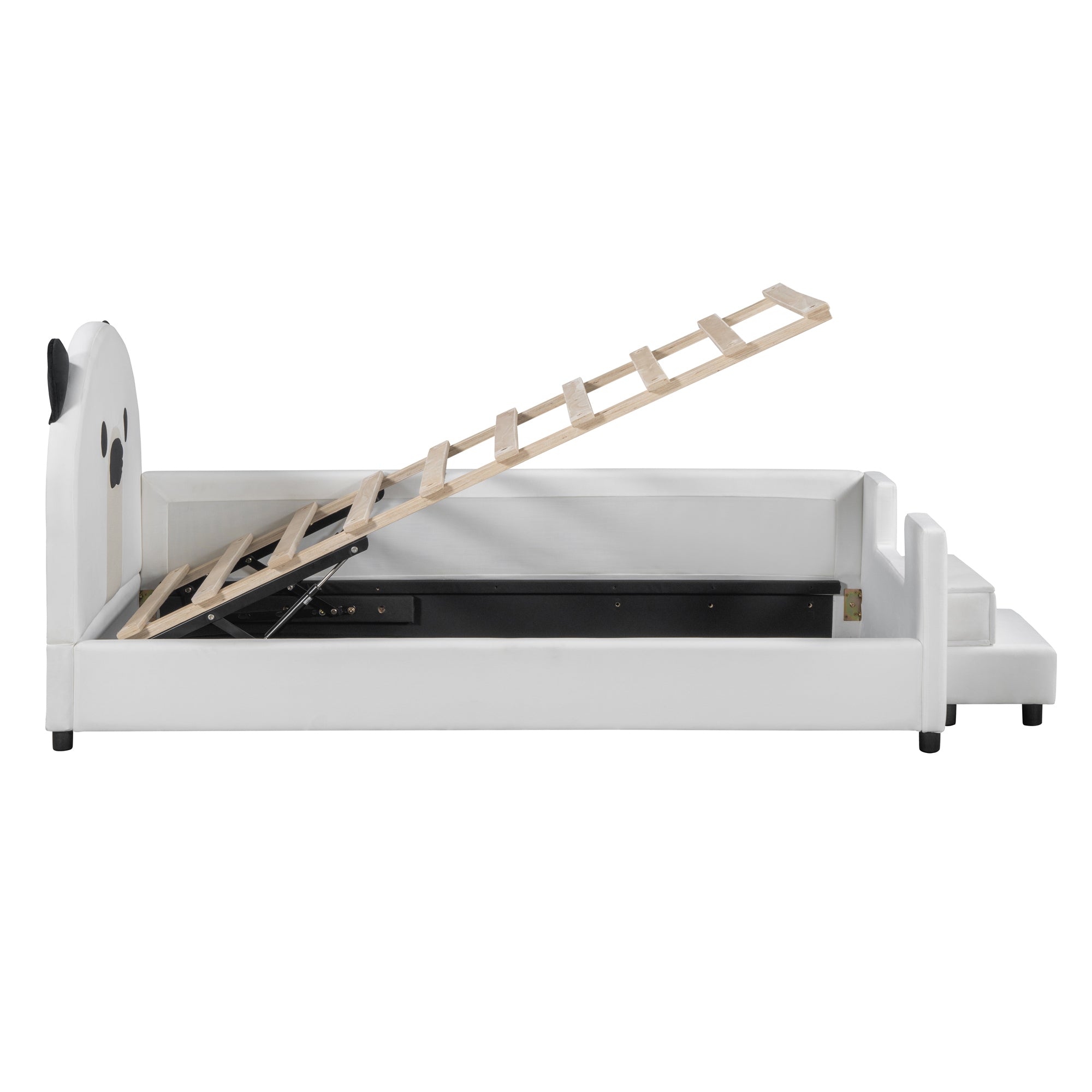 Twin Size Upholstered Daybed with Bear Shaped Headboard, Hydraulic System and Breathable Mesh Fence, White - Atlantic Fine Furniture Melbourne FL