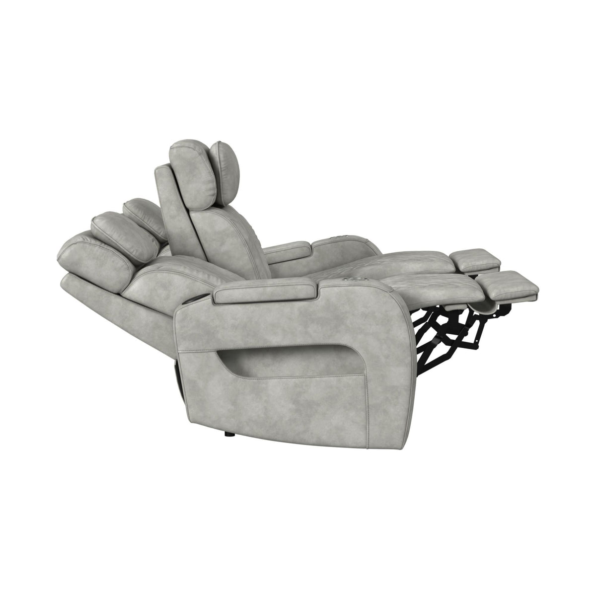 Prime Time P3 Sofa With Ddt, 3.0 Table, 7 Colors (Led And Cup Holders), Reading Light, Vibration, Speaker, And Heat Massage in Leather Gel Light Gray by Elements International, view 7