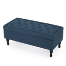 Hyatt - Suede Storage Ottoman With Tufted Top And Dark Wooden Legs - Navy Blue